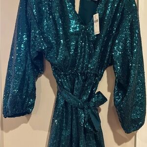 NWT Anthropologie Green Sequin Dress with Belt